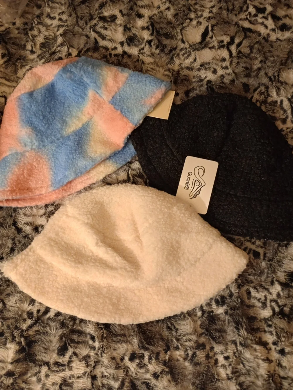 NWT (3) Fleece Plush Bucket Hat - Ivory Cream, Multicolor & Black - Picture 2 of 12